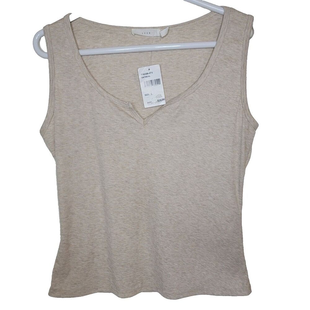 Lush Women's Oatmeal Ribbed Crop Tank Top Shirt Large NWT